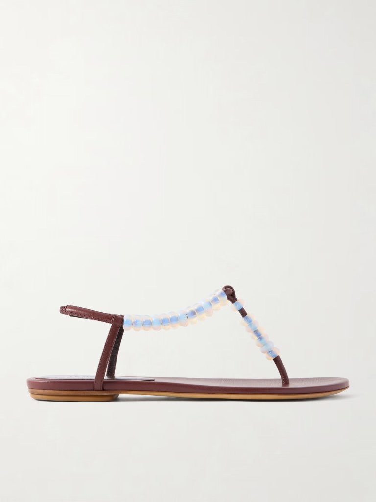 Le Monde Bryl Bead-Embellished Leather Thong Sandals - Color: Burgundy
